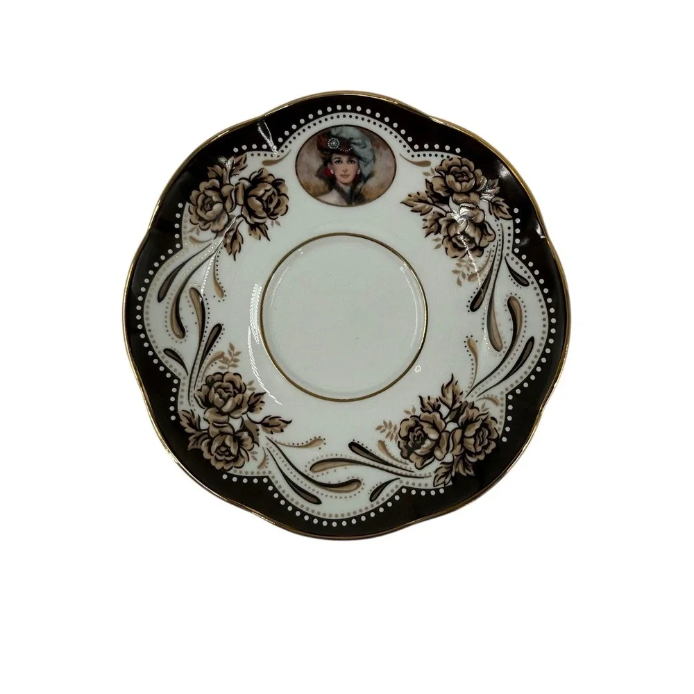 Avon Honor‎ Society 1999 Teacup Saucer Black Gold Floral Victorian Lady Set